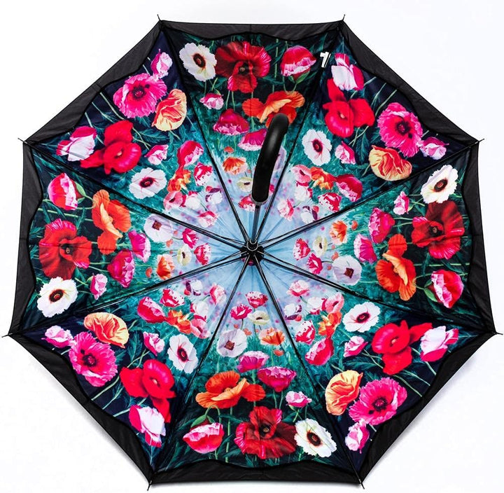 LUCKYWEATHER Regenschirm Stockschirm Damen Motiv Mohnblumen Auf-Automatik Double Layer I Stockregens