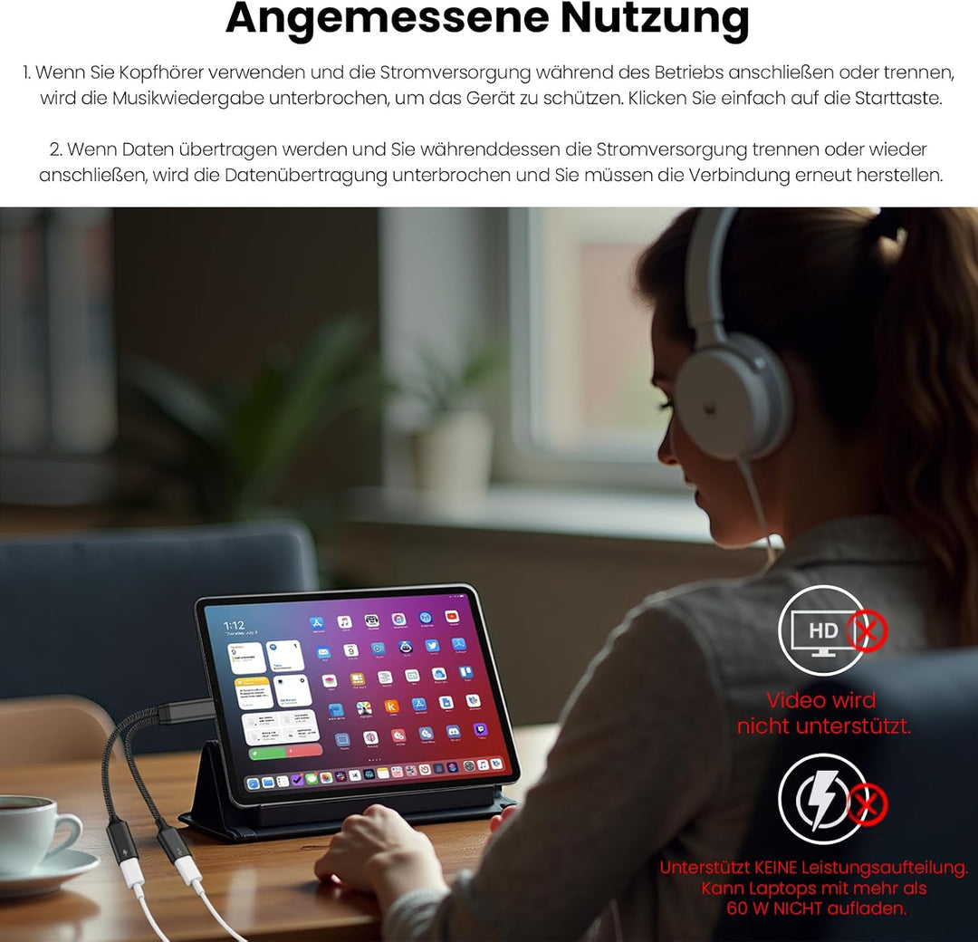 MOGOOD USB-C Splitter 1 auf 2,60W PD,480Mbps, Dual USB-C,2er Set schwarz | Nylon Kabel, kompatibel m