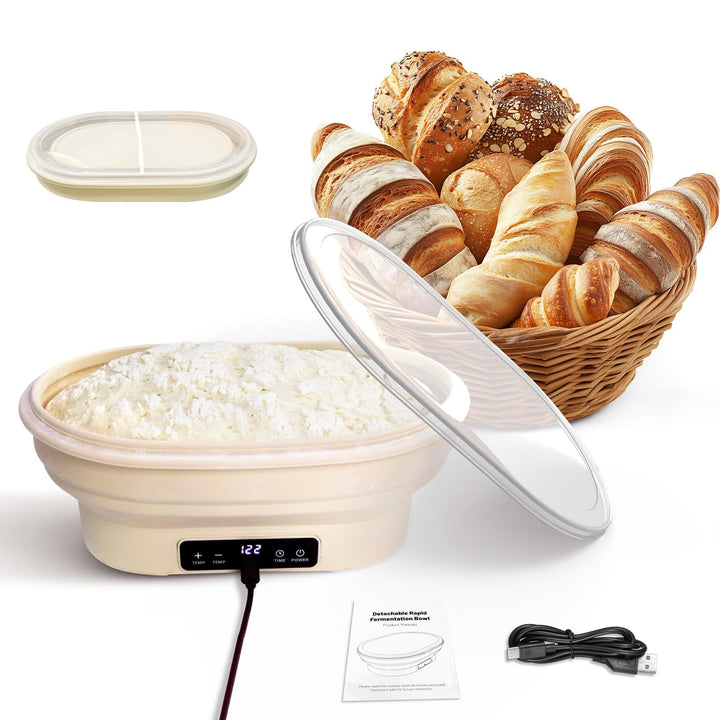 Brotkorb Set, Backzubehör für Brot, Faltbarer Sauerteig-Starterwärmer aus Silikon, präzise Thermosta