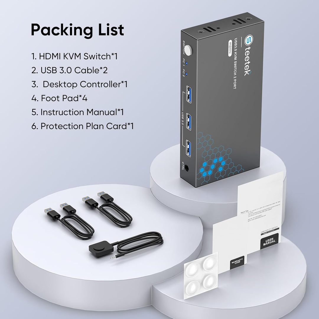 HDMI KVM Switch 2 PC 1 Monitor, 4K@60Hz | KVM Switch zum Teilen von Tastatur/Maus/Drucker über USB 3