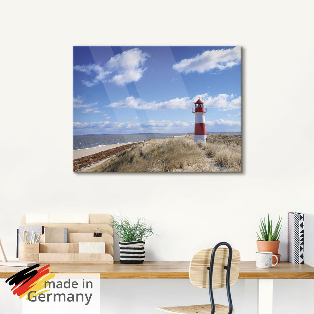 ARTland Glasbilder Wandbild Glas Bild einteilig 60x30 cm Querformat Strand Meer Nordsee Leuchtturm S