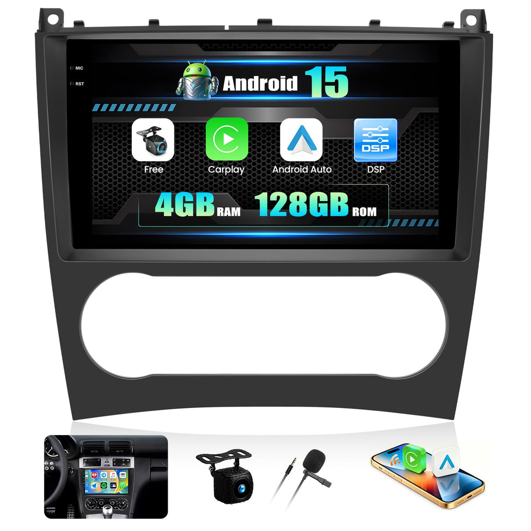 CAMECHO 4G+128G 4 Core Android 15 Autoradio mit Navi für Mercedes Benz C Klasse W203 W209 C180 C200
