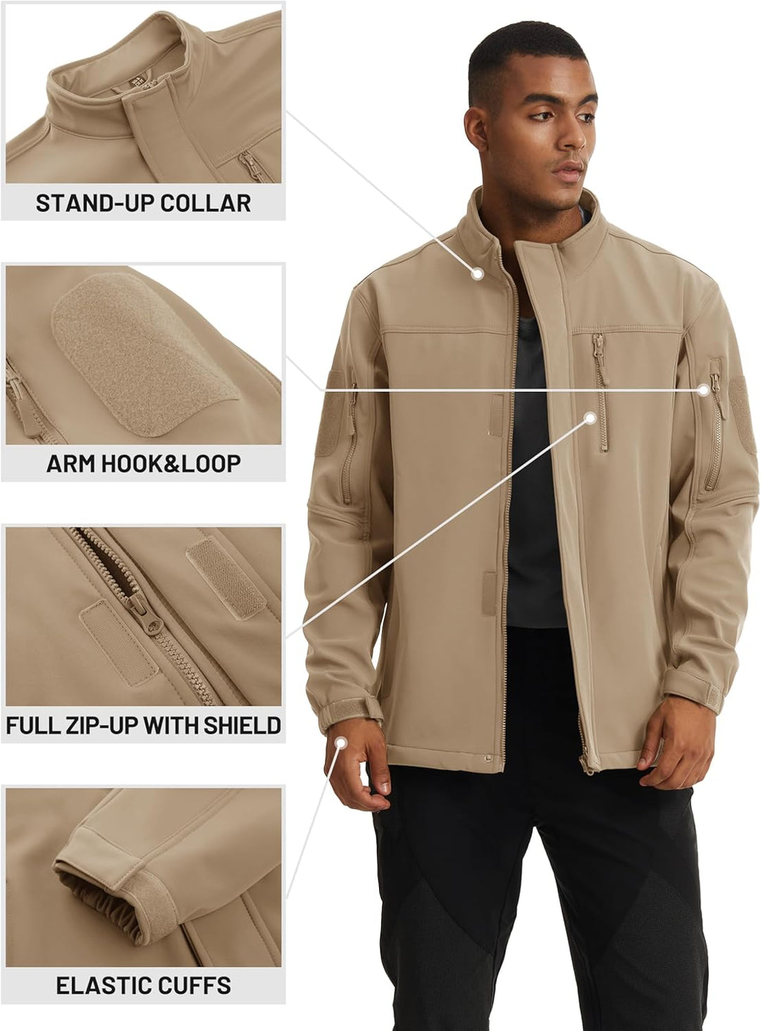 TACVASEN Herren Softshell Jacke Winddichte Outdoorjacke Übergangsjacke mit Reissverschlusstasche S K