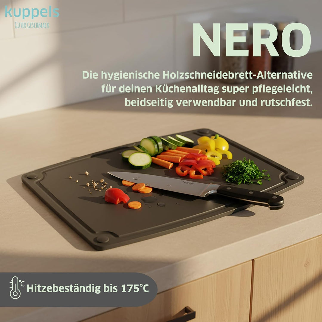 Kuppels NERO Holzfaser Schneidebrett ohne Plastik Gross, Küchenbrett mit Saftrille und Silikonfüssen