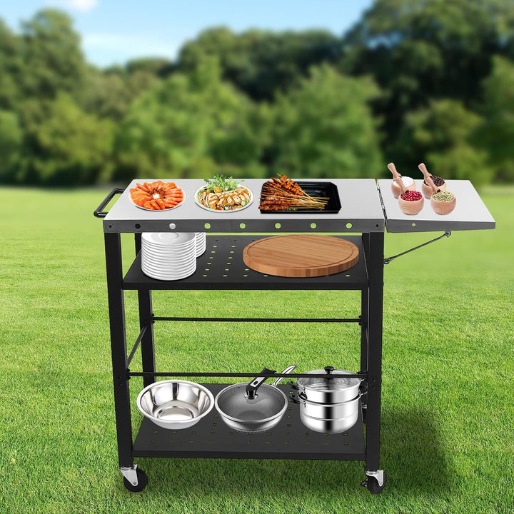 Grillwagen Grilltisch mit 4 Universalrädern, 80x50x83 cm, Küchenwagen Edelstahl mit Klappbarer Beist