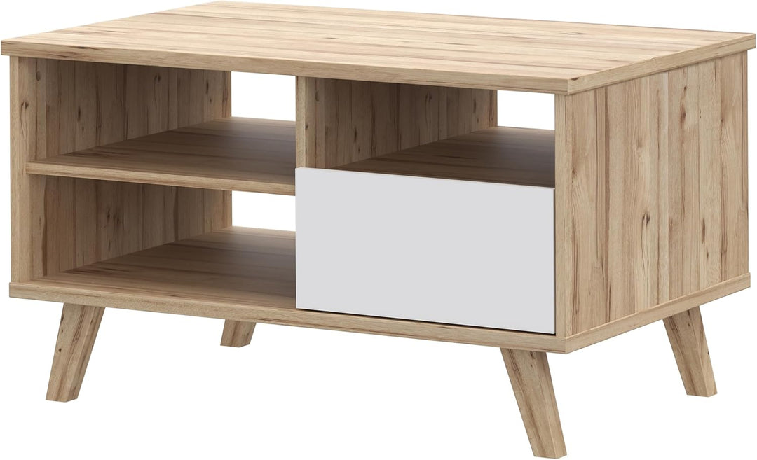 Forte VANKKA Couchtisch 90, Tisch mit offenen Fächern und Schublade, Holzwerkstoff, Planked Eiche De
