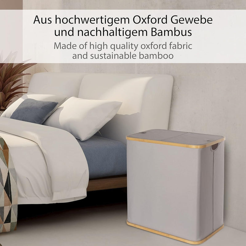 ONVAYA® Wäschekorb mit Deckel | 2 Fächer 100L | Grau | Wäschesammler fürs Badezimmer | Wäschetruhe a