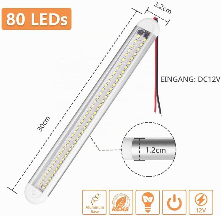 URAQT 80 LED Innenbeluchtung, 2 Stück 12V LED Leiste 1200LM 8W DC LED Innenlichtleiste Mit 2 Verläng
