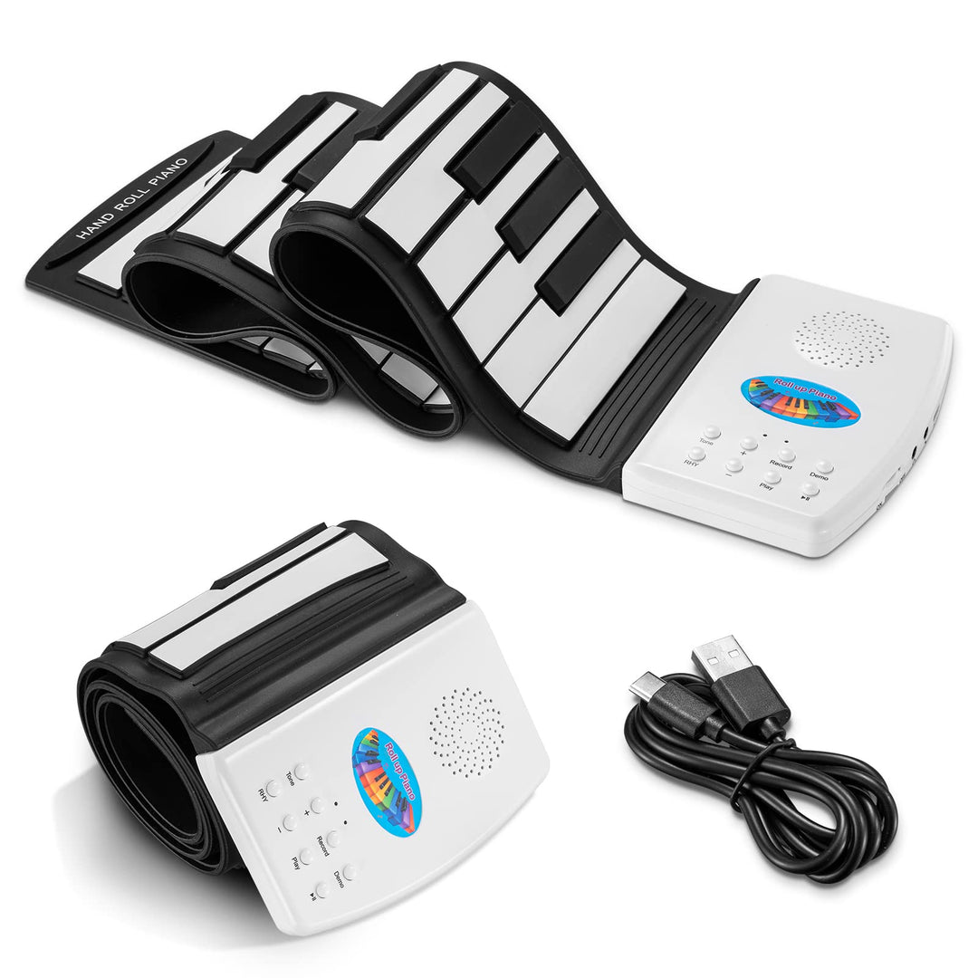 POGOLAB 49 Tasten Rollpiano, Digitales Piano Keyboard mit 47 Tönen, 14 Demo, 128 Reimen, Mikrofon-Ko