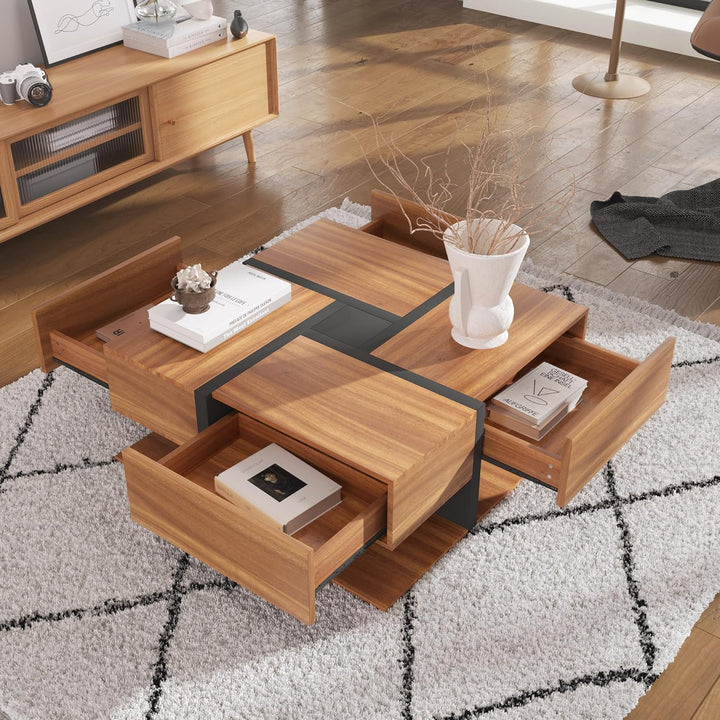 Merax Couchtisch Wohnzimmertisch mit 4 Schubladen, Modern Beistelltisch Kaffeetisch mit Zwei Ablagee