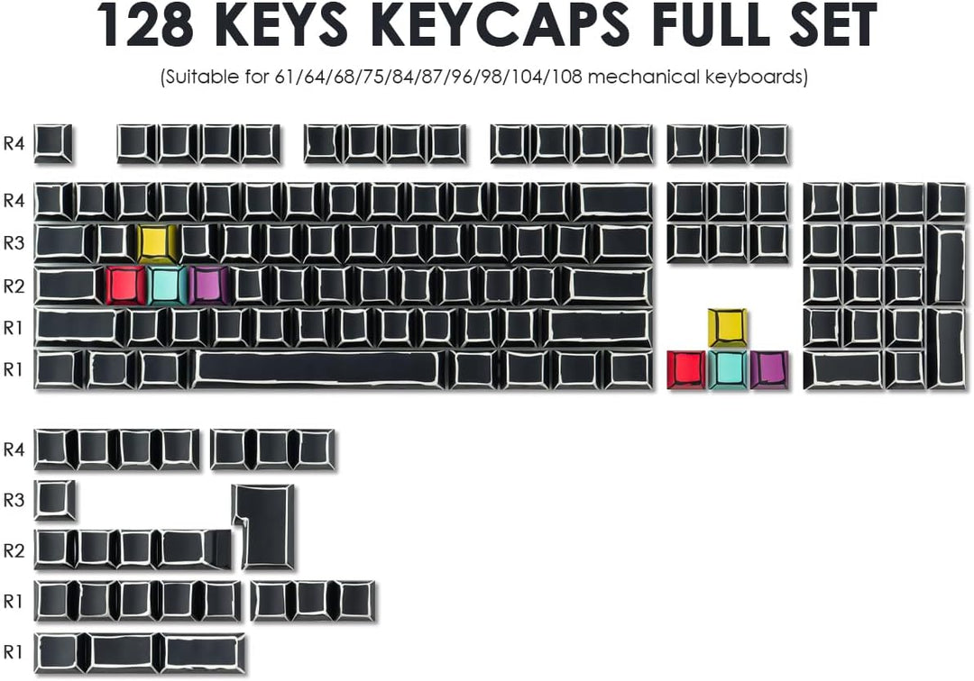 Sunzit PBT Custom Keycaps 128 Tasten Cherry Profil Dye-Sub Sketch Schwarz Tastenkappen Set Durchschi