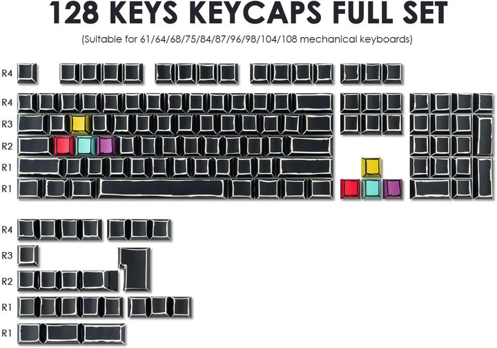 Sunzit PBT Custom Keycaps 128 Tasten Cherry Profil Dye-Sub Sketch Schwarz Tastenkappen Set Durchschi