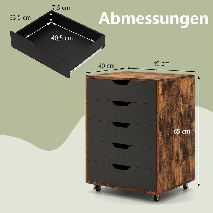 COSTWAY Rollcontainer mit 5 Schubladen, mobiler Aktenschrank mit Rädern, Bürocontainer Schubladensch