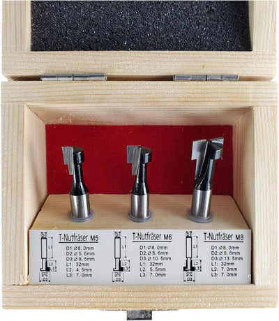 STIER T-Nutfräser-Set 3-teilig M5 M6 und M8 Schrauben, 8 mm Schaft, für Oberfräsen, T Nut Fräser, T