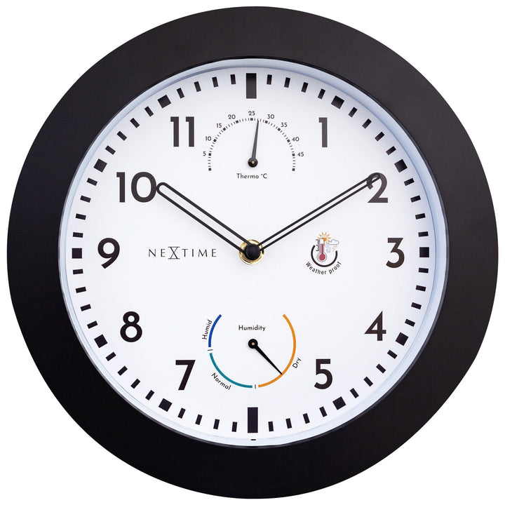 NeXtime Wall Clock (Garden/Inside) 25,5 cm-Time/Temp/Humidity-Black-Plastic Daisy, One Size