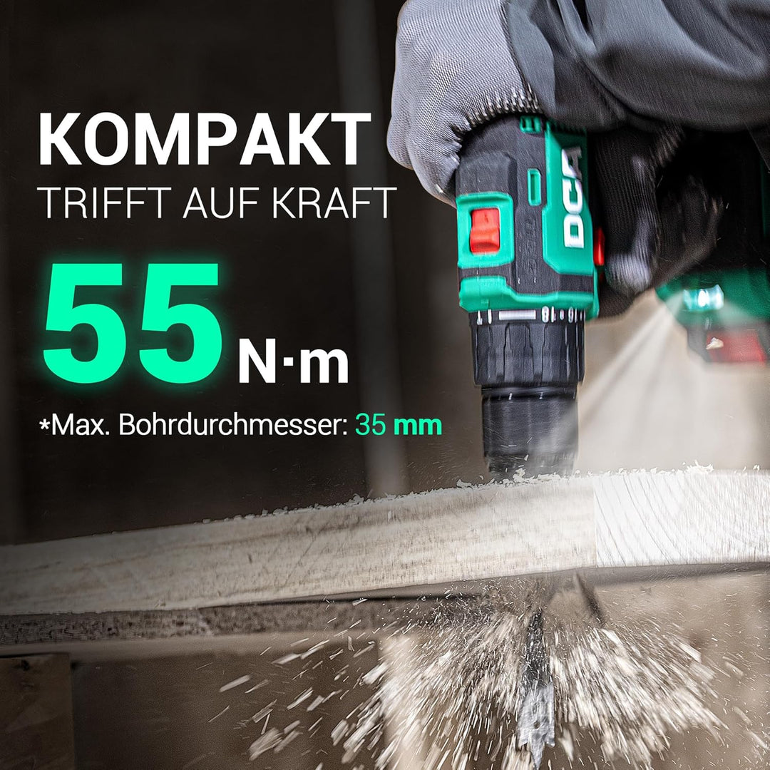 DCA 20V Bürstenloser Akku-Schlagbohrschrauber, 55Nm max. Drehmoment, 13mm Metallbohrfutter, 18+1+1 D