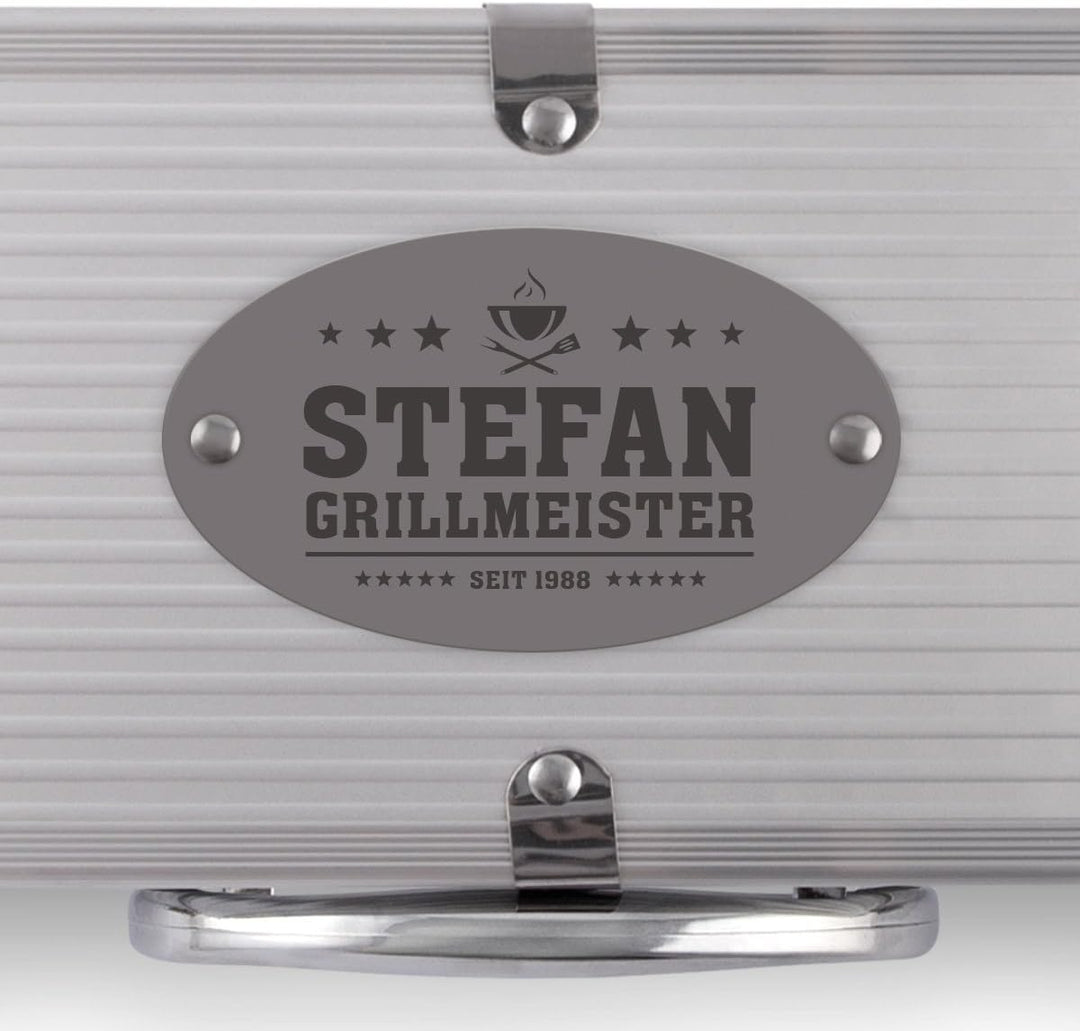 Grillkoffer 3-teilig Grillbesteck Edelstahl Grill Set mit Gravur - Grillmeister, Grillmeister