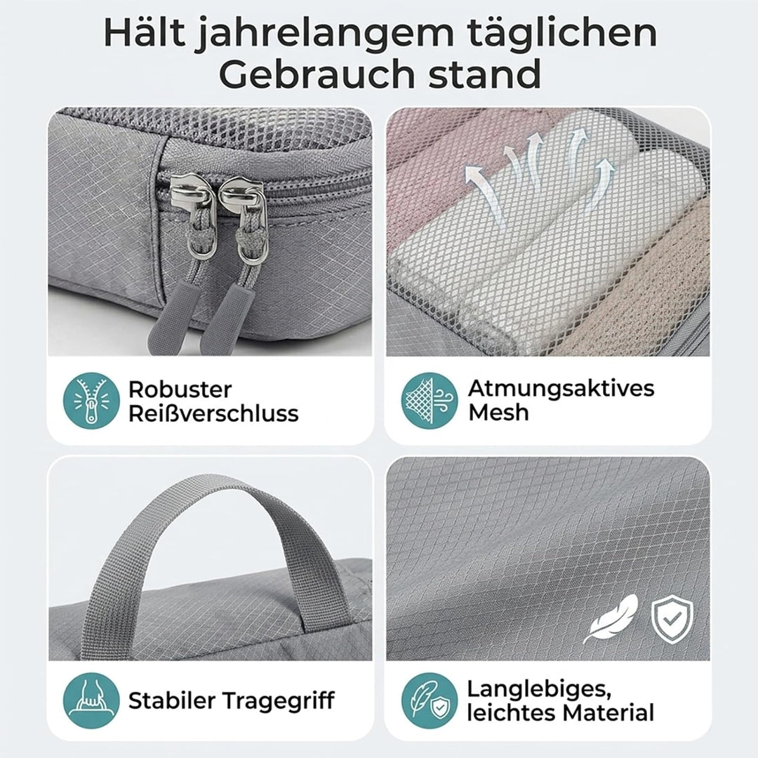 Koffer Organizer, 6er Set Packing Cubes Kompression Beige mit Langgriff, Premium Packwürfel für Reis