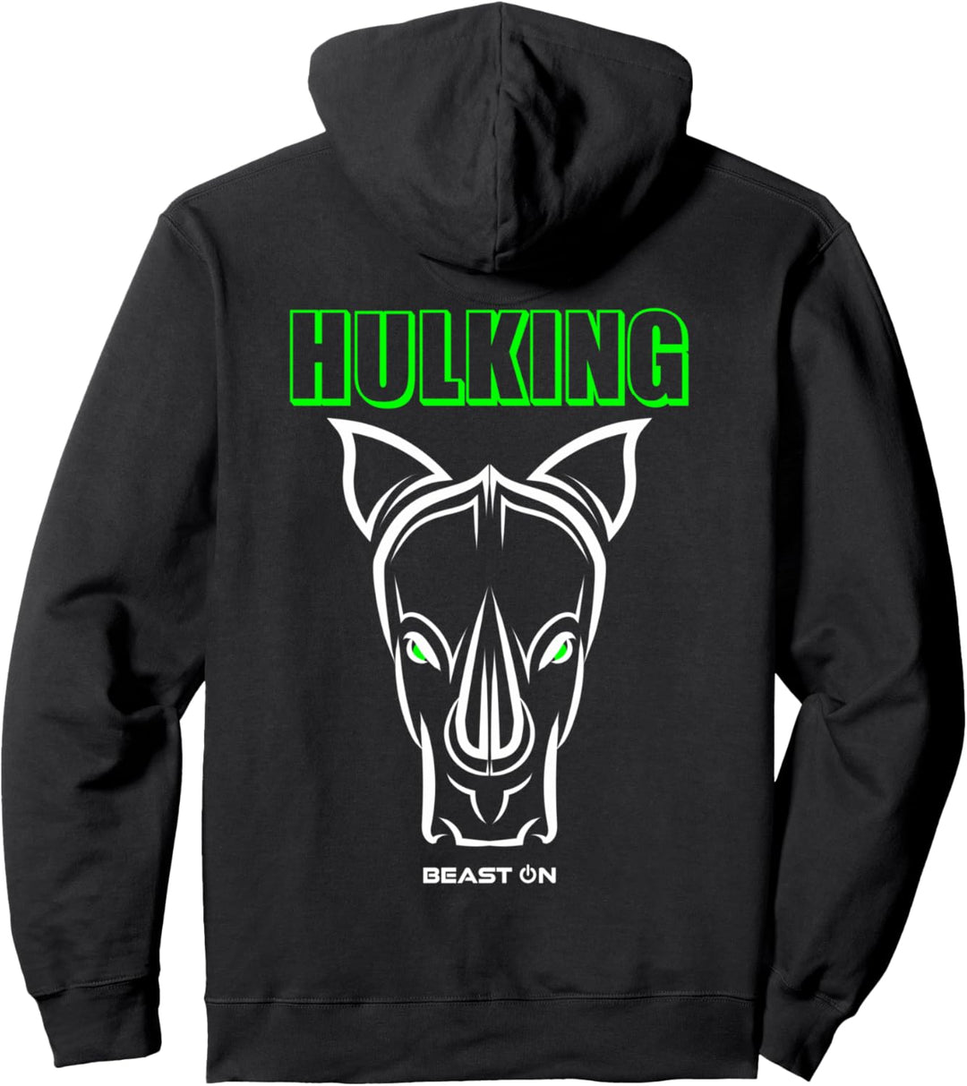 Nashorn Kopf Rücken Motiv Hulking Grün Gym Fitness Workout Pullover Hoodie