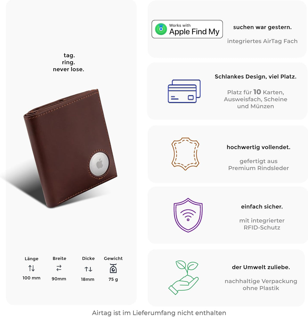 ISENTIALS Airtag* Geldbörse mit Münzfach I Apple Airtag Leder Wallet Portemonnaie Herren mit RFID Sc