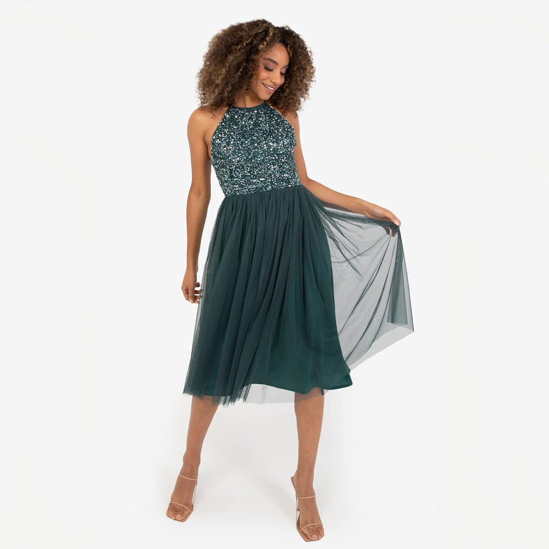 Maya Deluxe Damen Embellished Halter Neck Midi Bridesmaid Dress 44 Emerald Green, 44 Emerald Green