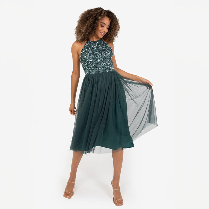 Maya Deluxe Damen Embellished Halter Neck Midi Bridesmaid Dress 44 Emerald Green, 44 Emerald Green