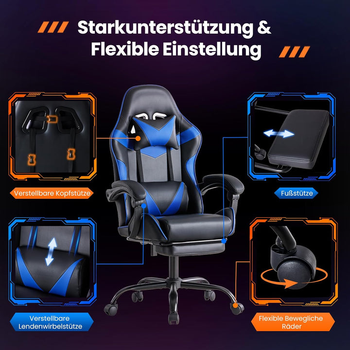 Sweetcrispy Gaming Stuhl, Gaming Chair mit Fussstütze Kopfstütze Lendenwirbelstütze, Ergonomischer P
