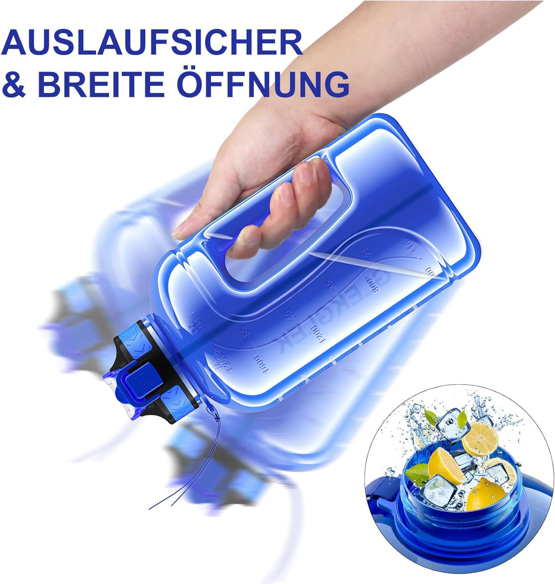 Wasserflasche 2 Liter mit Strohhalm, Motivierende Trinkflasche Sport für Fitnessstudio, Büro, Bau, W