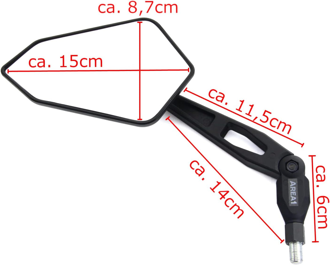 Area1 Universal Motorrad Rückspiegel Paar e-geprüft 2x M10 Rechtsgewinde + Linksgewindeadapter, pass