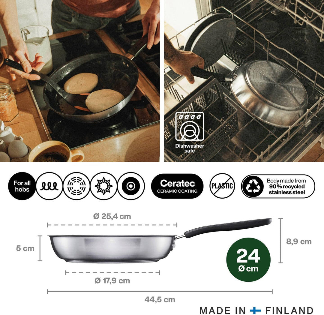 Fiskars Bratpfanne, Ø 24 cm, Beschichtete Pfanne, Für alle Kochfelder geeignet, Recycelter Edelstahl