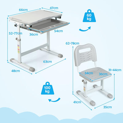 COSTWAY Schreibtisch Kinder, Kinderschreibtisch höhenverstellbar mit neigbarer Tischplatte & Schubla