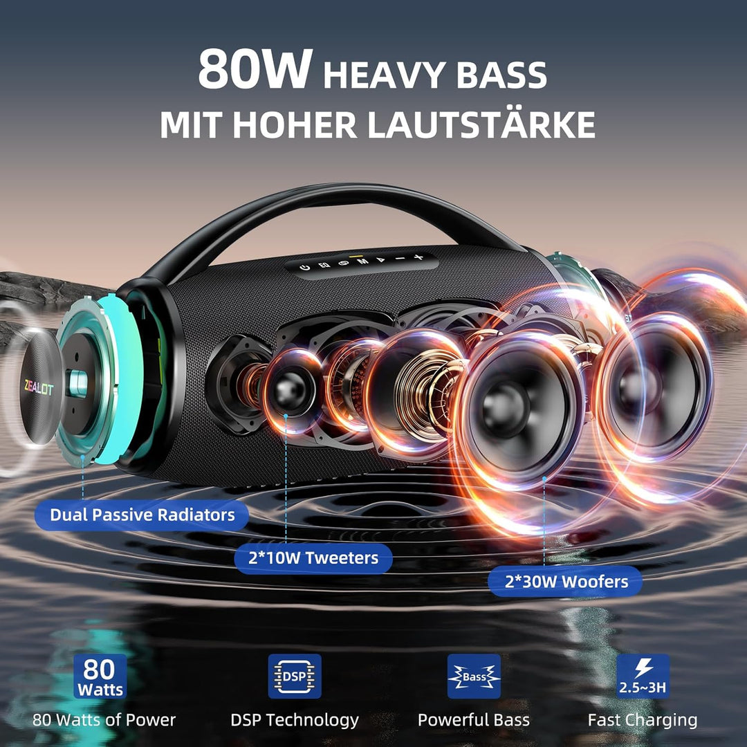 ZEALOT Bluetooth Lautsprecher,Musikbox Bluetooth Box für Draussen,80W Stereo Sound,BassUp, 16000mAH