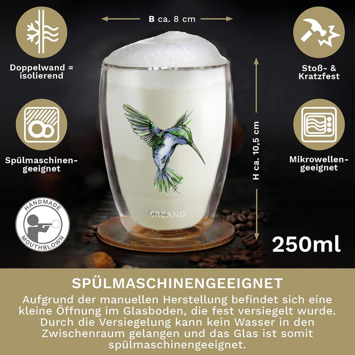 Creano doppelwandige Gläser Hummi, Latte Macchiato, Thermoglas mit Kolibri im 6-er Set, 250 ml, in d