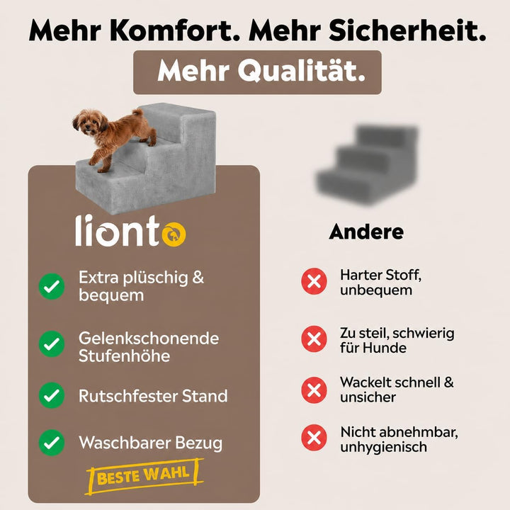 lionto Haustiertreppe mit Plüschbezug, 46x36x34 cm, robuste Hundetreppe mit niedriger Stufenhöhe von