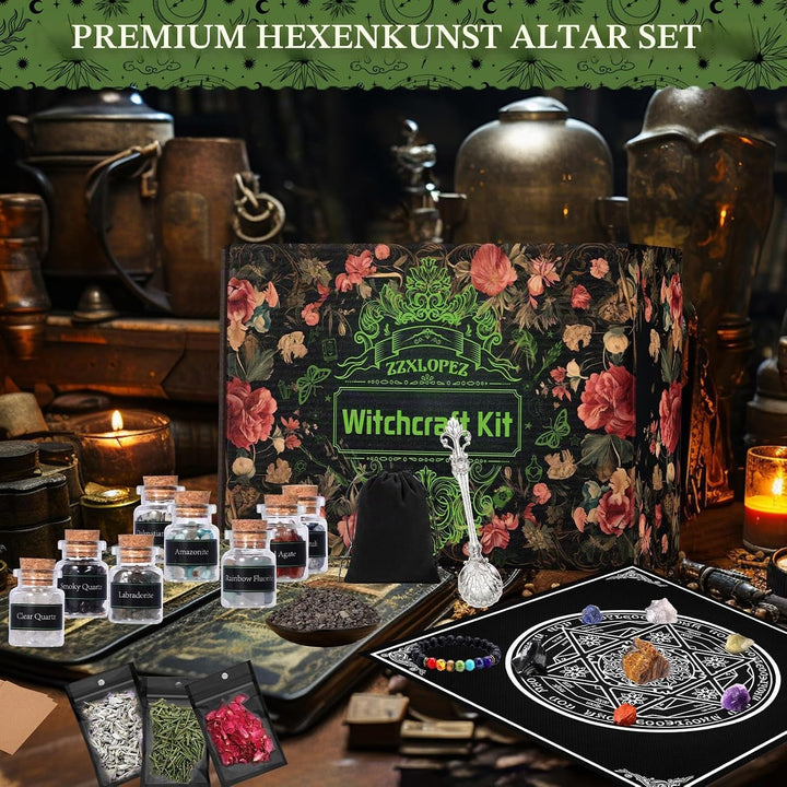 ZZXLOPEZ Starter Witch Kit 122 Stück Witchcraft Kit, Kerzen Kleine, Trockenblumen, Kristallen, Messl