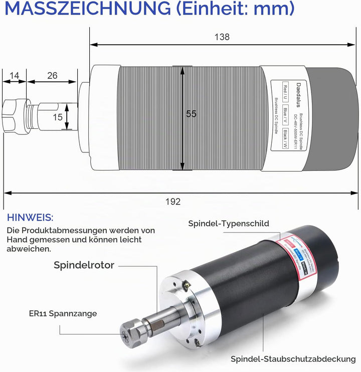 Daedalus CNC Bürstenloser Spindelmotor Kit, 500w, ER11, 48V DC, 12000RPM ER11 500w Er11 Kit, ER11, 6