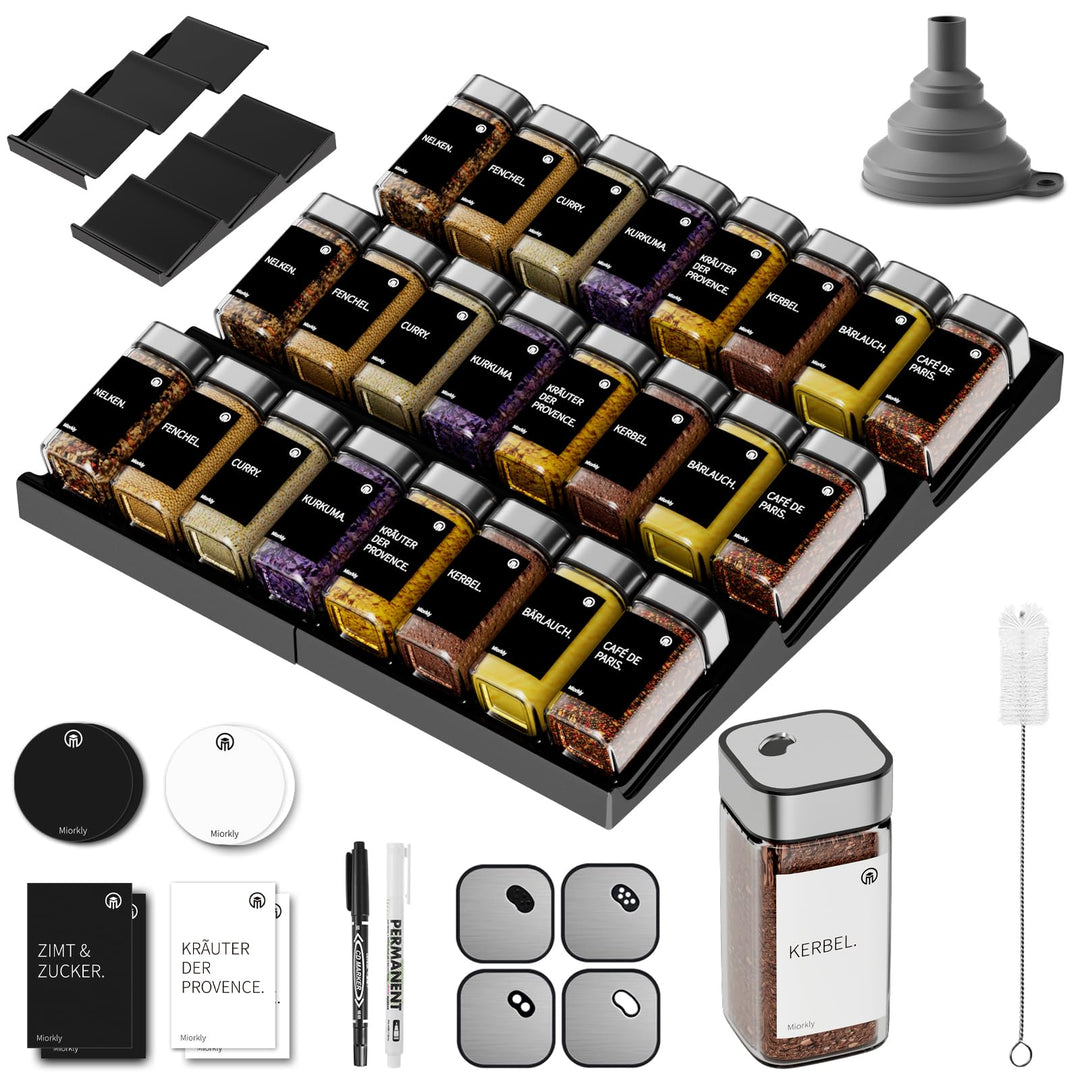 Miorkly Gewürzgläser Eckig Drehdeckel mit Regal [24 x 120ml] - Gewürzregal mit Gewürzdosen Set [Pass