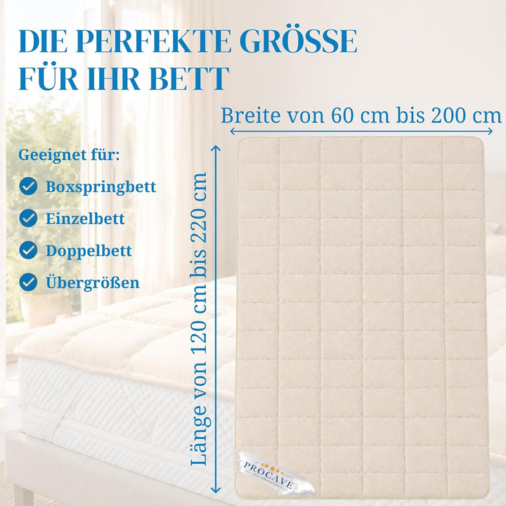 PROCAVE weiches Unterbett aus Schurwolle, atmungsaktiver Matratzen-Schoner, Matratzenbezug mit 4 Eck