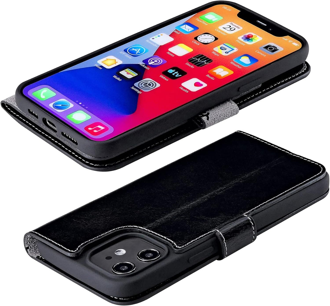 Suncase Book-Style Hülle kompatibel mit iPhone 12 Mini (5.4") Leder Tasche (Slim-Fit) Lederhülle Han