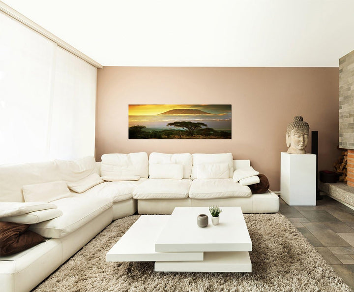 Paul Sinus Art Panoramabild auf Leinwand und Keilrahmen 150x50cm Afrika Kilimandscharo Sonnenunterga