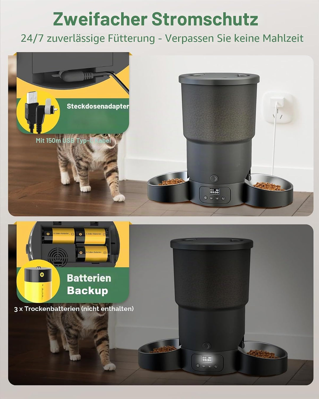 Gimars 5L Futterautomat Katze 2 Näpfe mit LCD-Anzeige Einfache Einrichtung, Programmierbar für 1–6 M