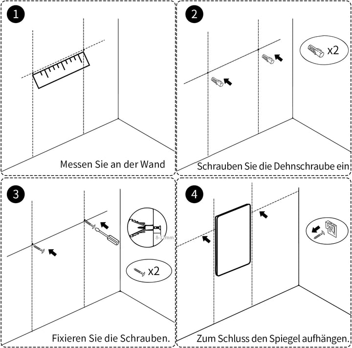 Wandspiegel gross Schwarz 60x80 cm Spiegel Rechteckiger Abgerundete Ecken Wandmontage Edelstahl Kosm