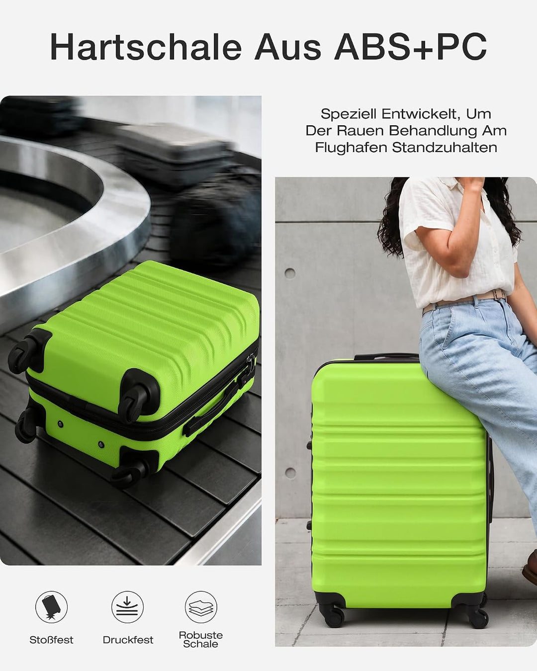 COOLIFE Hartschalen-Koffer Trolley Rollkoffer Reisekoffer mit TSA-Schloss und 4 Rollen (Grün, Grosse