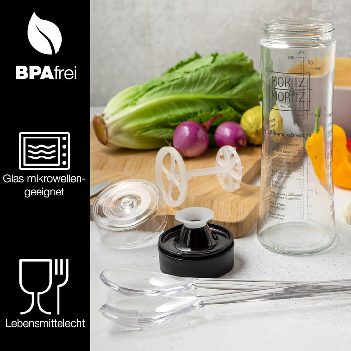 Moritz & Moritz 2-tlg. Set: Dressingshaker 500 ml + Salatbesteck – Salatdressing Shaker Glas mit Ska