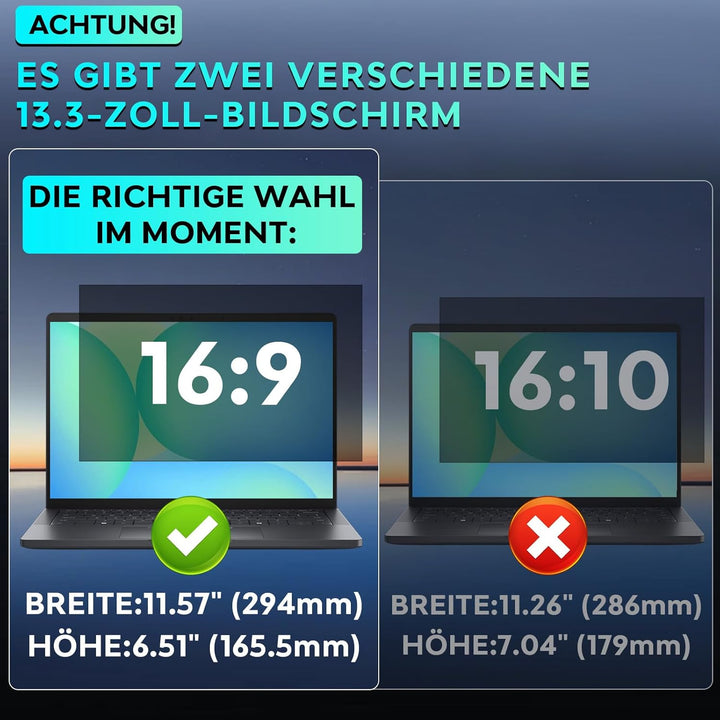 Sichtschutzfolie Laptop 13,3 Zoll 16:9, Anti Spy Blaulicht Blendfrei Blickschutzfolie, Abnehmbarer 1