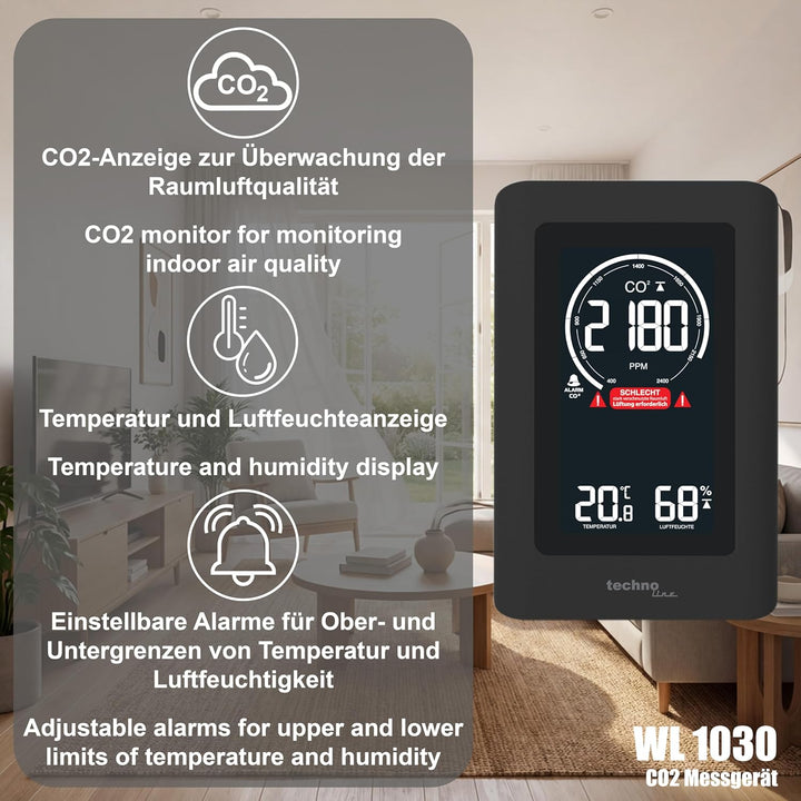 Technoline Co2 Messgerät WL1030, CO2-Anzeige, CO2-Ampel mit grafischen Lüftungsempfehlungen, NDIR, S