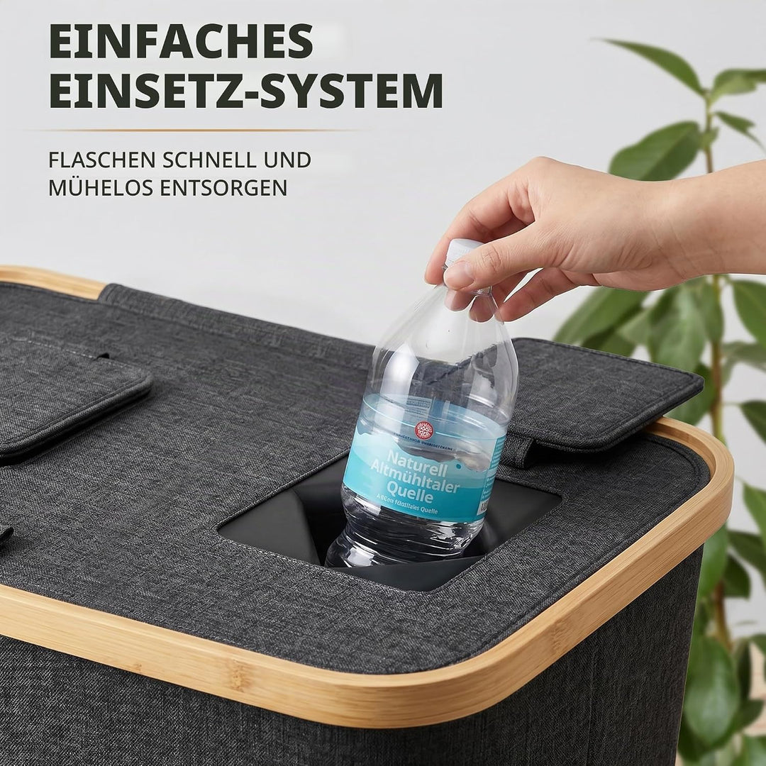 160L Pfandflaschen Sammelbehälter aus Bambus &amp; Stoff mit integrierter Tragetasche – Fassungsvermögen