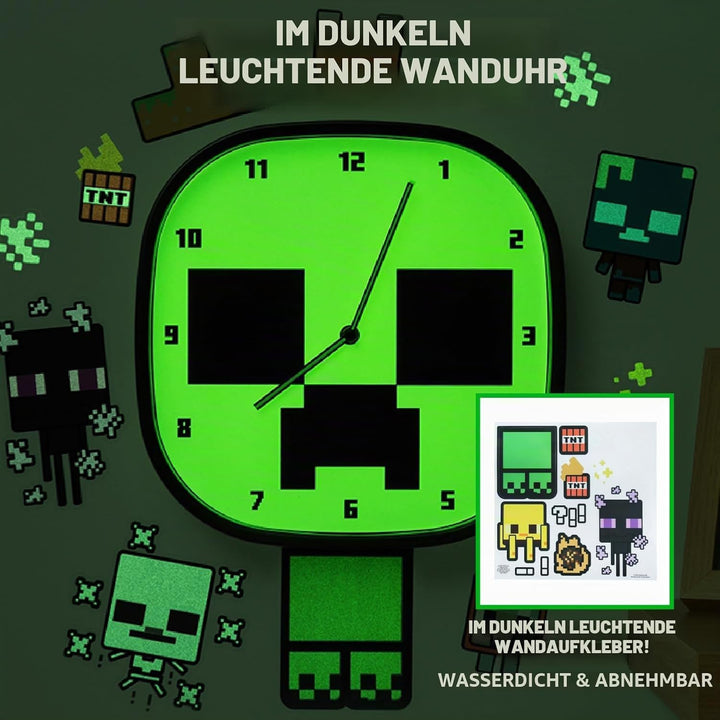 Paladone Minecraft Creeper Leuchtende Wanduhr - Leise, Nicht Tickend - Enthält 3 Blätter Abnehmbarer