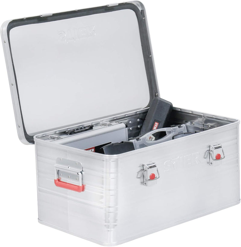 STIER Alubox, Aluminiumbox 135L, Staub- und spritzwasserresistent mit Gummidichtung und 2 Klapphandg