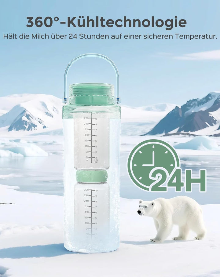 Xaproo Verbesserte 650ml Muttermilch-Kühlflasche, Tragbarer Muttermilchkühler für draussen mit 360°